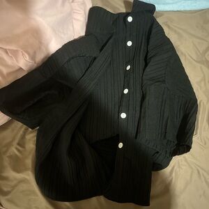 Black Ribbed Button-Up Cardigan